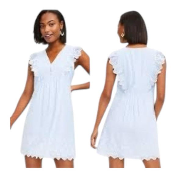 🚨Host Pick 🚨LOFT White Eyelet Midi Dress. Blue and white striped. - Picture 3 of 9